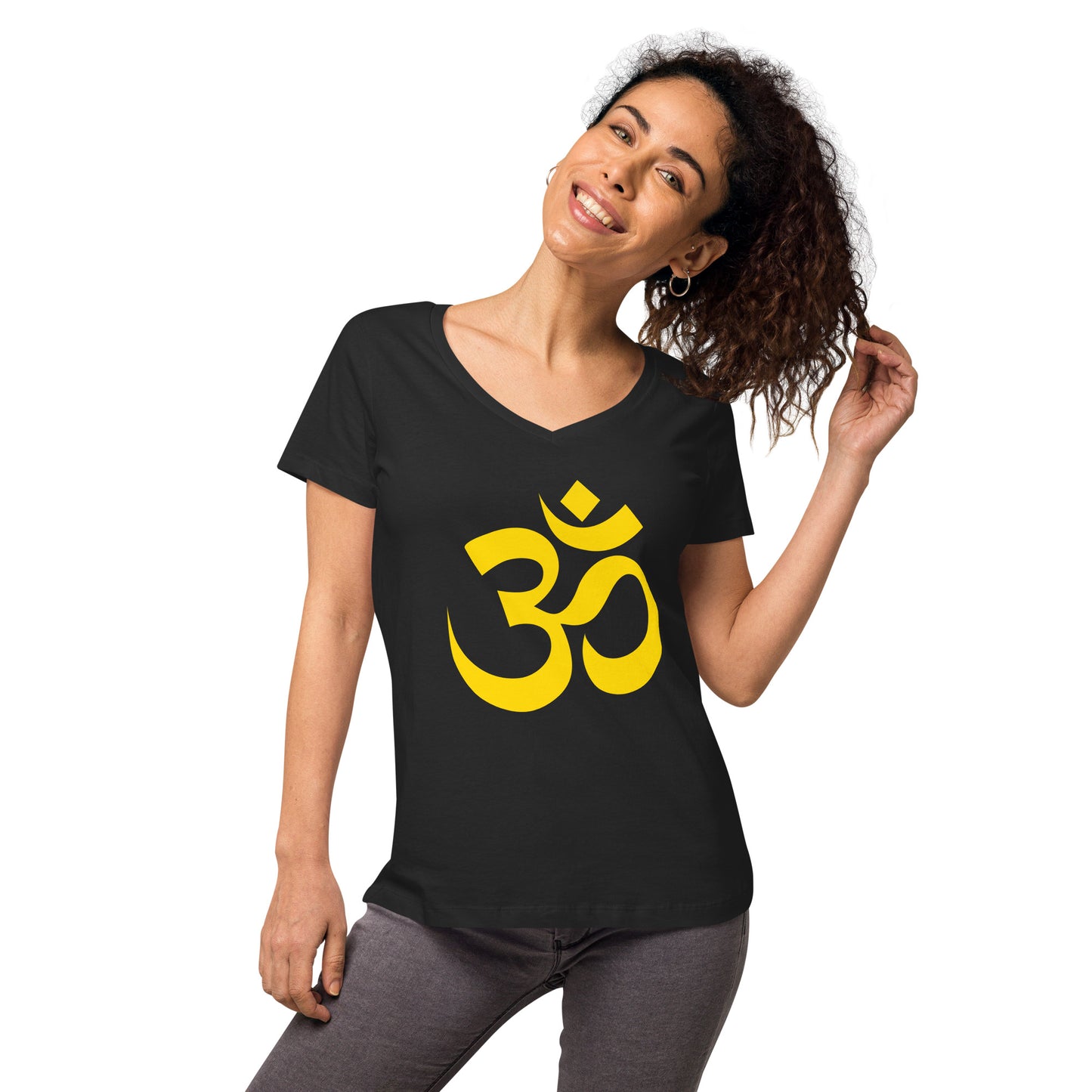 Tailliertes Damen-T-Shirt mit V-Ausschnitt – AUM-Symbol