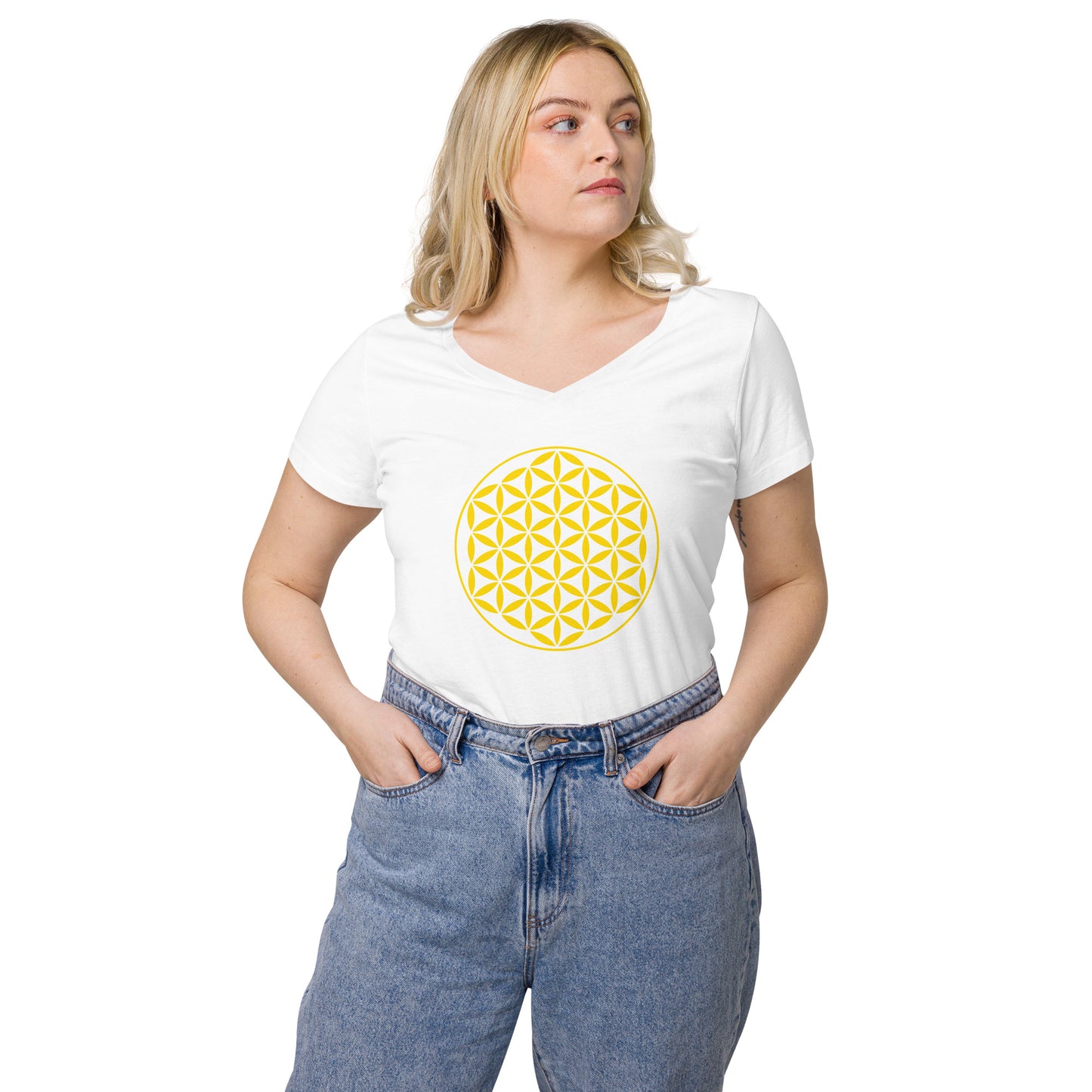Tailliertes Damen-T-Shirt mit V-Ausschnitt – Symbol der Blume des Lebens