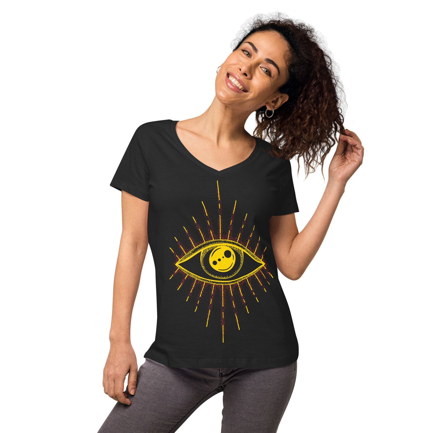 Tailliertes Damen-T-Shirt mit V-Ausschnitt – Eye Symbol