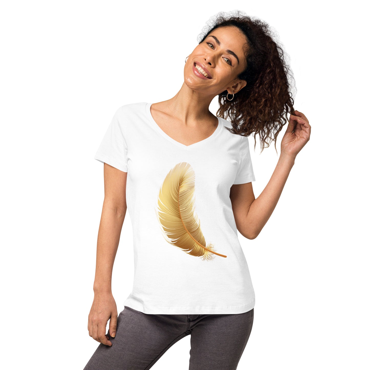 Tailliertes Damen-T-Shirt mit V-Ausschnitt – Plume Symbol